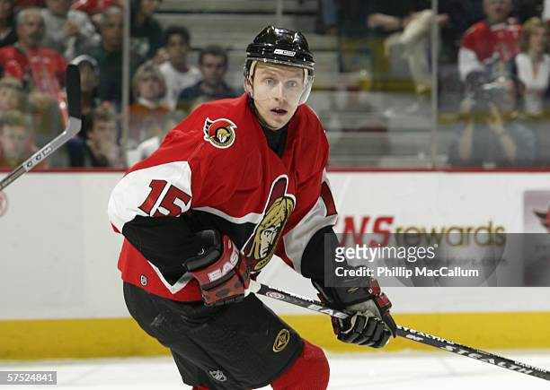 Dany Heatley of the Ottawa Senators skates during Game 1 Conference Quarterfinals against the Tampa Bay Lightning at the Scotiabank Place in Ottawa,...