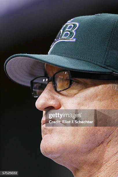 Manager Joe Maddon of the Tampa Bay Devil Rays looks on against the Boston Red Sox on April 28, 2006 at Tropicana Field in St. Petersburg, Florida....