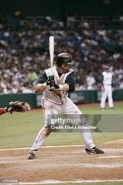 Jonny Gomes of the Tampa Bay Devil Rays bats against the Boston Red Sox on April 28, 2006 at Tropicana Field in St. Petersburg, Florida. The Devil...