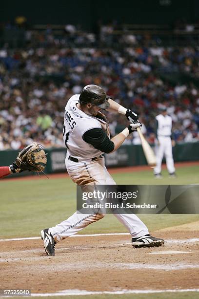 Jonny Gomes of the Tampa Bay Devil Rays bats against the Boston Red Sox on April 28, 2006 at Tropicana Field in St. Petersburg, Florida. The Devil...