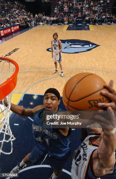 Eddie Griffin of the Minnesota Timberwolves rebounds against the Memphis Grizzlies on April 11, 2006 at the FedExForum in Memphis, Tennessee. The...