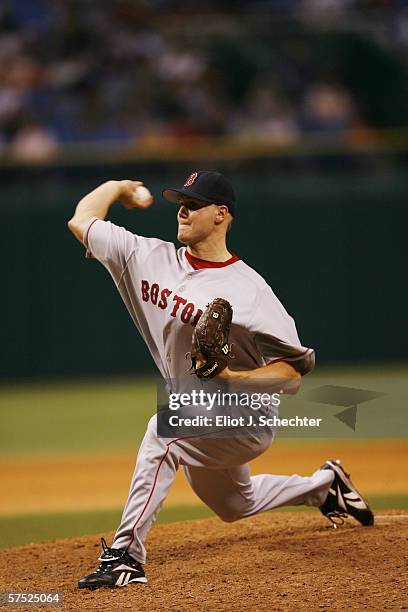 Jonathan Papelbon of the Boston Red Sox pitches against the Tampa Bay Devil Rays on April 28, 2006 at Tropicana Field in St. Petersburg, Florida. The...