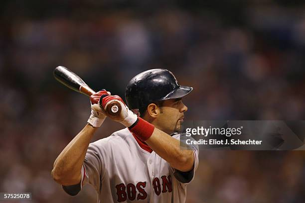 Mike Lowell of the Boston Red Sox bats against the Tampa Bay Devil Rays on April 28, 2006 at Tropicana Field in St. Petersburg, Florida. The Devil...