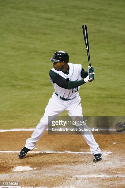 Carl Crawford of the Tampa Bay Devil Rays bats against the Boston Red Sox on April 28, 2006 at Tropicana Field in St. Petersburg, Florida. The Devil...