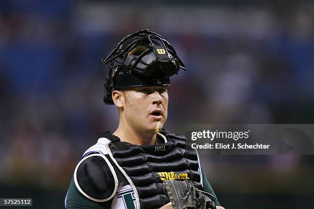 Toby Hall of the Tampa Bay Devil Rays looks on against the Boston Red Sox on April 28, 2006 at Tropicana Field in St. Petersburg, Florida. The Devil...