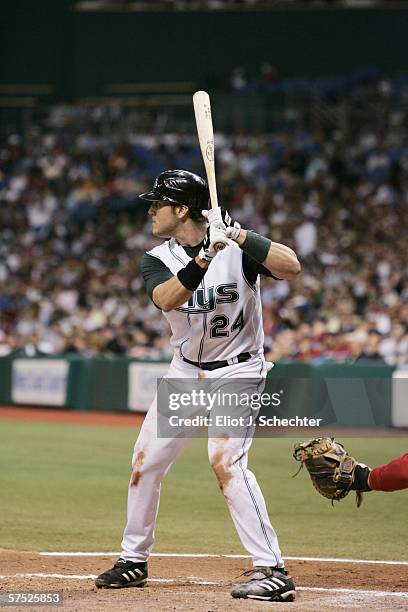 Sean Burroughs of the Tampa Bay Devil Rays bats against the Boston Red Sox on April 28, 2006 at Tropicana Field in St. Petersburg, Florida. The Devil...