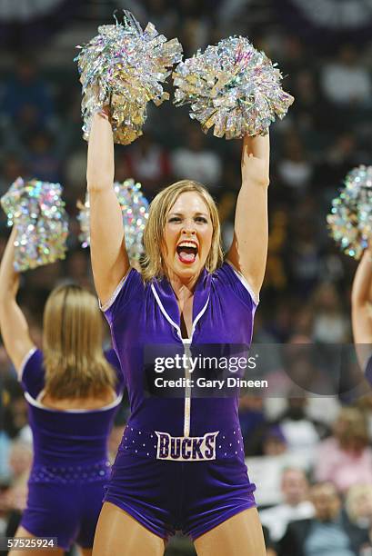 Member of the Milwaukee Bucks Energee Dance Team performs during the game against the Detroit Pistons in game three of the Eastern Conference...