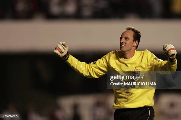 Rogerio Ceni, goalkeeper and captain of Sao Paulo FC, celebrates the victory against Palmeiras during his Libertadores Cup football match at the...