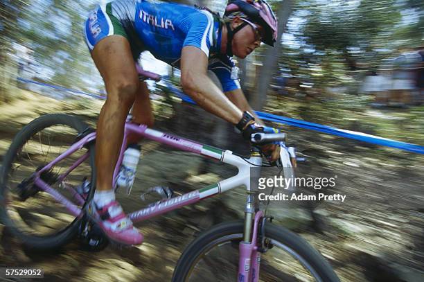 Paola Pezzo of Italy wins gold in the Mountain Biking during the Sydney 2000 Olympic Games held on September 23, 2000 in Moore Park, Sydney,...