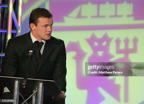 Wayne Rooney of Manchester United speaks at the annual Players' Player of the Year awards dinner at Old Trafford on May 3 2006, in Manchester,...