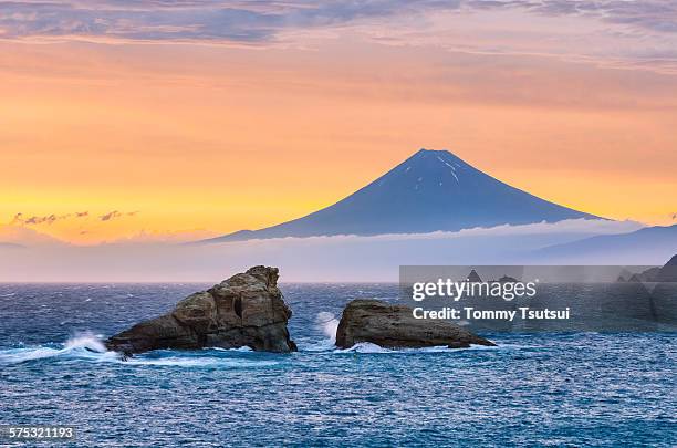 mt fuji & twin rocks in the dramatic sky - suruga bay stock pictures, royalty-free photos & images