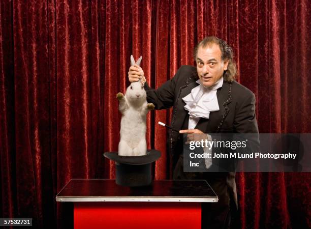 magician pulling a rabbit out of a hat - マジシャン ストックフォトと画像