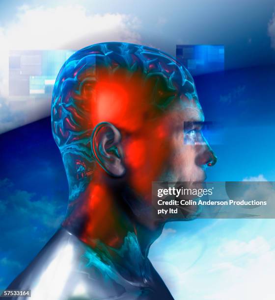 red light shining through young man's head - male likeness stock pictures, royalty-free photos & images