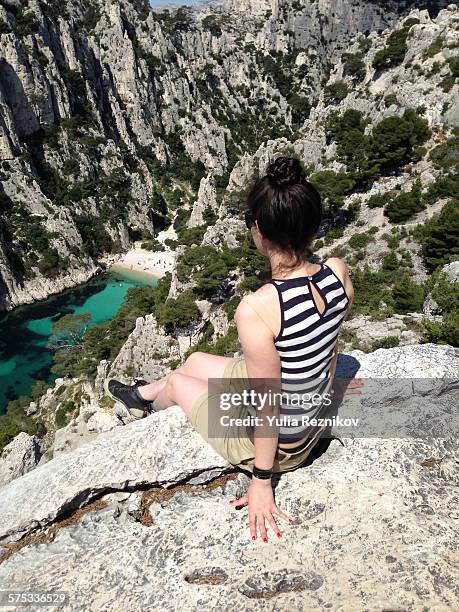 young woman enjoying the beautiful view - calanques stock pictures, royalty-free photos & images