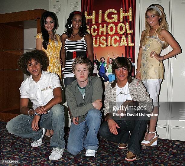Actresses Vanessa Anne Hudgens, Monique Coleman and Ashley Tisdale, and actors Corbin Bleu, Lucas Grabeel and Zac Efron attend a Q&A session with the...