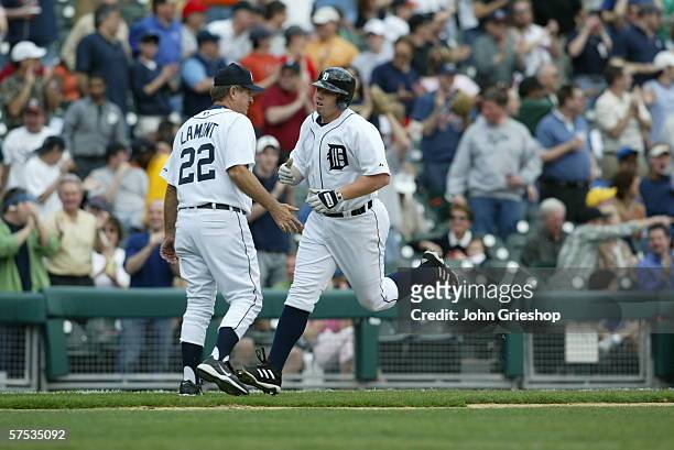 Chris Shelton of the Detroit Tigers homers during the game against the Chicago White Sox at Comerica Park in Detroit, Michigan on April 13, 2006. The...