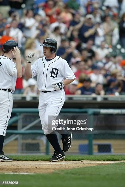 Chris Shelton of the Detroit Tigers homers during the game against the Chicago White Sox at Comerica Park in Detroit, Michigan on April 13, 2006. The...