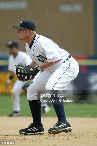Chris Shelton of the Detroit Tigers fields during the game against the Chicago White Sox at Comerica Park in Detroit, Michigan on April 13, 2006. The...