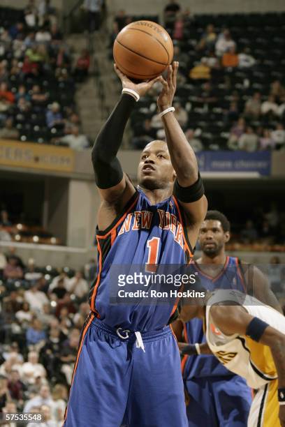 Steve Francis of the New York Knicks shoots a free throw against the Indiana Pacers on April 10, 2006 at Conseco Fieldhouse in Indianapolis, Indiana....