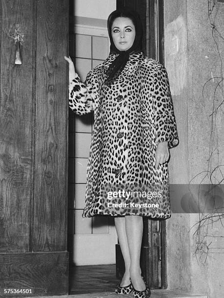 Actress Elizabeth Taylor wears a head scarf and leopard print coat as she arrives home after a stay in hospital, where she suffered from food...