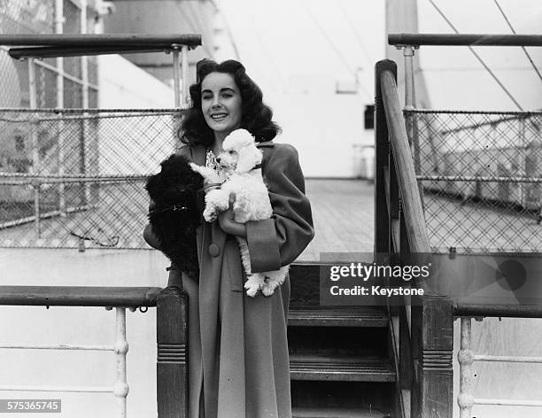 Actress Elizabeth Taylor pictured on the deck of the 'SS Queen Mary' holding her pet French Poodle 'Teeny', at Southampton, September 4th 1947.