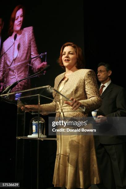 New York City council speaker Christine Quinn speaks to crowd at the Lower Manhattan Cultural Council's Annual Downtown Dinner at Cipriani 55 Wall...