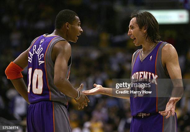 Steve Nash of the Phoenix Suns talks with Leandro Barbosa in overtime of game six of the Western Conference Quarterfinals against the Los Angeles...