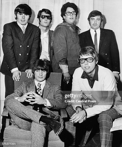 Portrait of American rock band 'The Turtles'; Al Nichol, Jim Tucker, Mark Volman, Howard Kaylan and Johnny Barbara and Jim Pon, promoting their new...