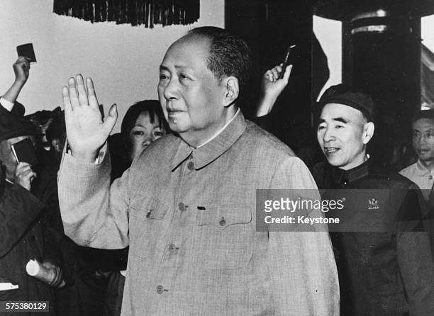 Chairman Mao Tse-Tung, in failing health, waving to the crowds, followed by Lin Biao, 1976. Printed following his death on September 9th 1976.