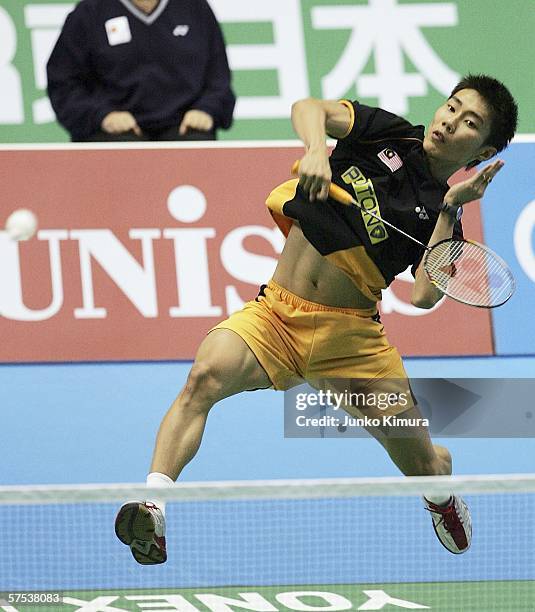 Chong Wei Lee of Indonesia returns a shot during a men's singles match against Peter Gade of Denmark during the YONEX Thomas & Uber Cup Japan 2006...