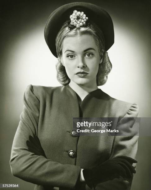 young woman in fashionable suit and hat in studio, (b&w), portrait - vintage brooch stock pictures, royalty-free photos & images