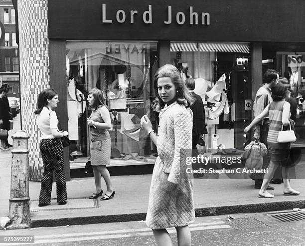 Princess Ira von Furstenberg pictured arriving at the Carnaby Street shop of fashion designer Lord John, London, circa 1965.