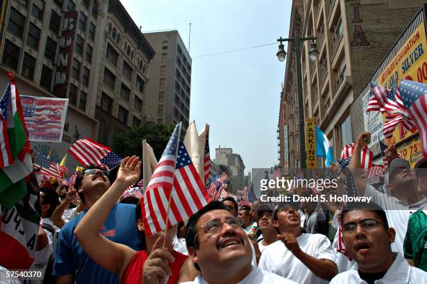 Hundreds of thousands of immigrants demonstrate on May 1, 2006 in downtown Los Angeles, California. The demonstration, called "The Great American...