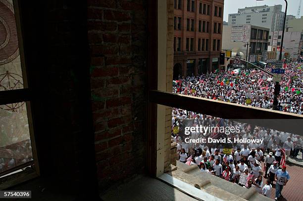 Hundreds of thousands of immigrants demonstrate on May 1, 2006 in downtown Los Angeles, California. The demonstration, called "The Great American...