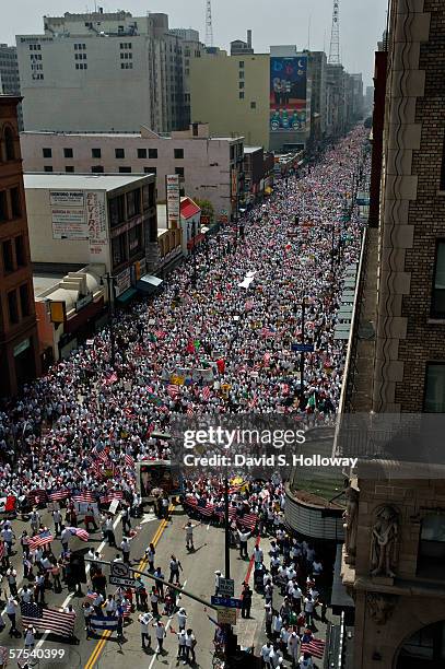 Hundreds of thousands of immigrants demonstrate on May 1, 2006 in downtown Los Angeles, California. The demonstration, called "The Great American...