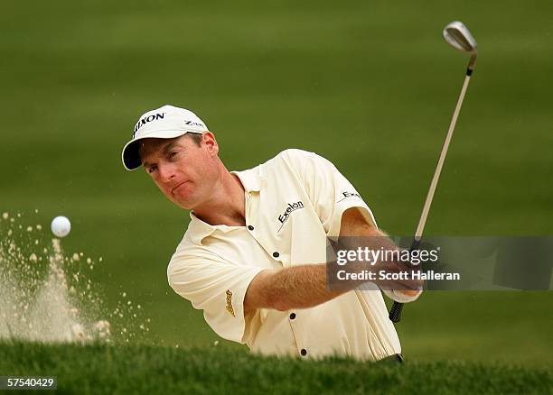 Jim Furyk plays a bunker shot on the 16th hole during the second round of the Wachovia Championship at Quail Hollow Club on May 5, 2006 in Charlotte,...