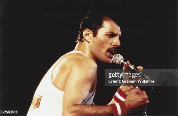 Rock star Freddie Mercury performs with Queen at the Milton Keynes National Bowl, June 1982.