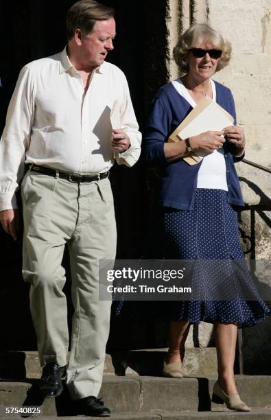 Camilla, Duchess of Cornwall is accompanied by her ex-husband Andrew Parker-Bowles at the wedding rehearsal for the marriage of their daughter, Laura...