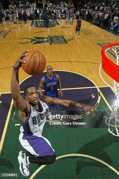 Michael Redd of the Milwaukee Bucks dunks against the Detroit Pistons in game five of the Eastern Conference Quarterfinals during the 2006 NBA...