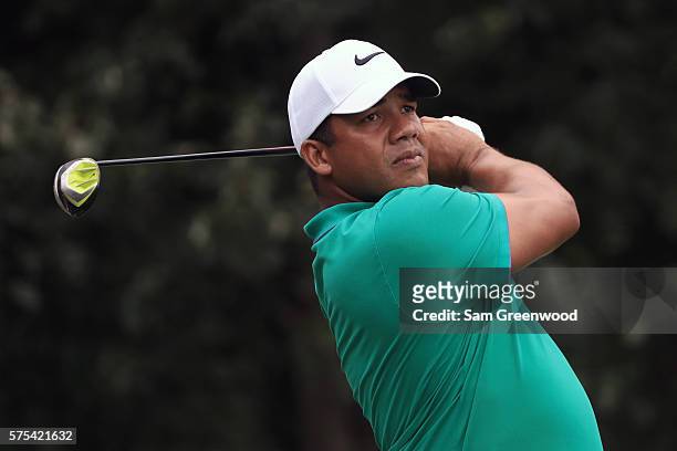 Jhonattan Vegas of Venezuela hits off the eleventh tee during the second round of the Barbasol Championship at the Robert Trent Jones Golf Trail at...