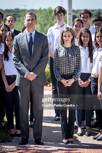 King Felipe VI of Spain and Queen Letizia of Spain hold a minute of silence for the victims of terrorist attack in Nice at Zarzuela Palace on July...