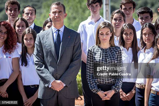 King Felipe VI of Spain and Queen Letizia of Spain hold a minute of silence for the victims of terrorist attack in Nice at Zarzuela Palace on July...