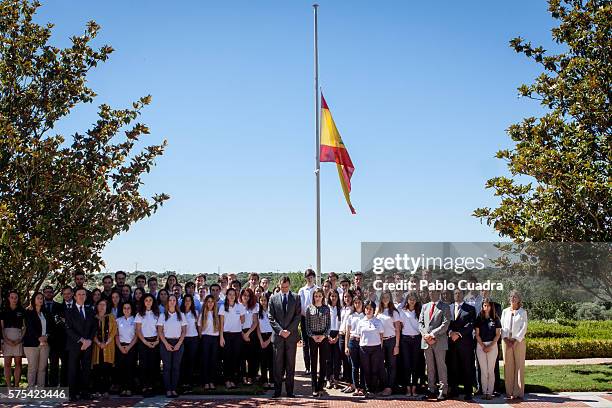 King Felipe VI of Spain and Queen Letizia of Spain hold a minute of silence for the victims of terrorist attack in Nice at Zarzuela Palace on July...