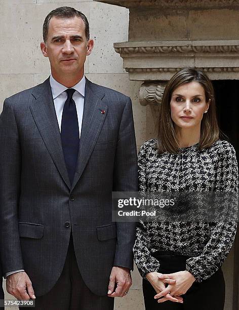 King Felipe of Spain and Queen Letizia of Spain visit the residence of Yves Saint-Geour, French ambassador to Spain, to express their condolences for...