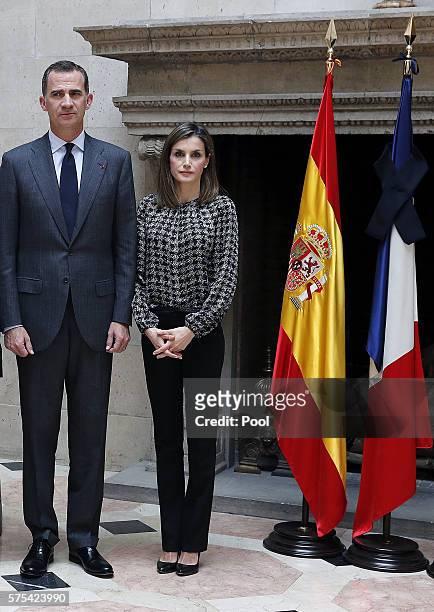 King Felipe of Spain and Queen Letizia of Spain visit the residence of Yves Saint-Geour, French ambassador to Spain, to express their condolences for...