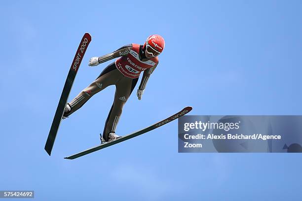 Juliane Seyfarth of Germany competes during the qualifications of the FIS Grand Prix Ski Jumping 2016 on July 15, 2016 in Courchevel, France.