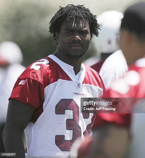 Running back Edgerrin James of the Arizona Cardinals looks on during the first day of mini-camp at the team's training center May 5, 2006 in Tempe,...