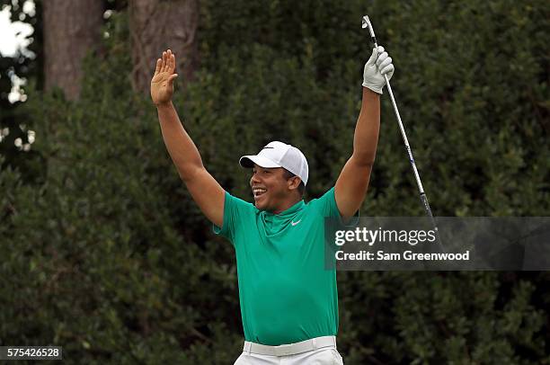 Jhonattan Vegas of Venezuela reacts to his hole-in-one on the seventeenth hole during the second round of the Barbasol Championship at the Robert...