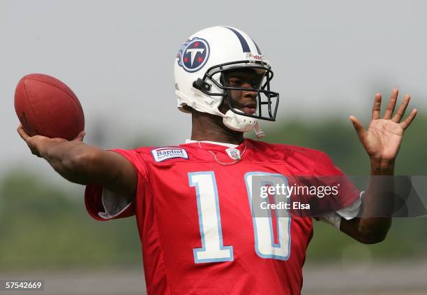 Quarterback Vince Young, first round draft pick of the Tennessee Titans, passes the ball during a drill at the team's mini-camp on May 5, 2006 at...