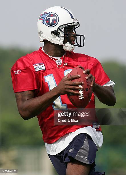 Quarterback Vince Young, first round draft pick of the Tennessee Titans, looks to pass during a drill at the team's mini-camp on May 5, 2006 at...